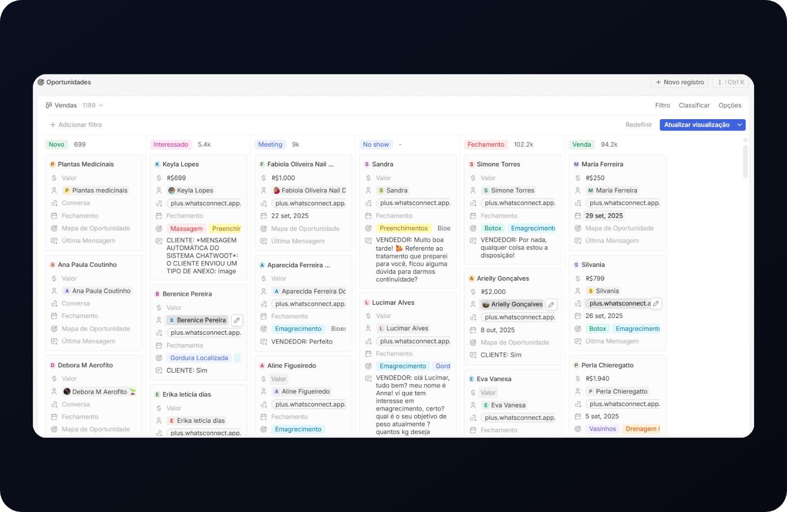 Exemplo ilustrativo de CRM incluso (pipeline e contatos).
