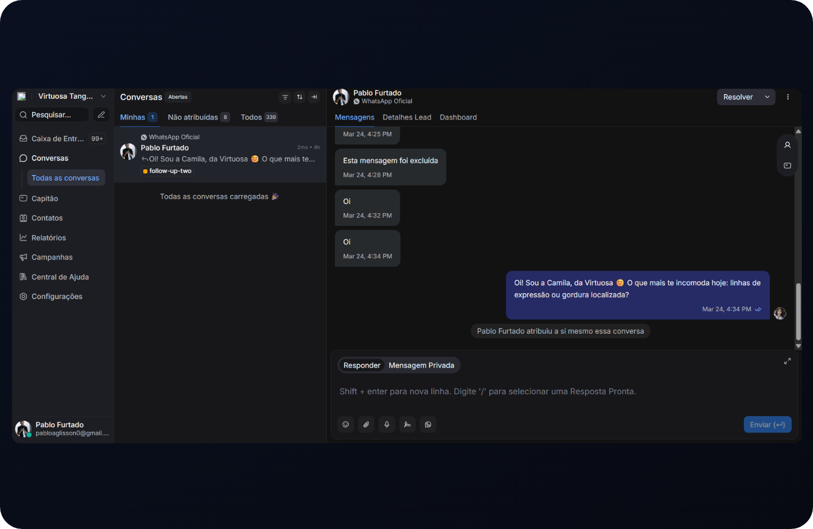 Exemplo ilustrativo de atendimento por chat com conversa organizada e informações do cliente.